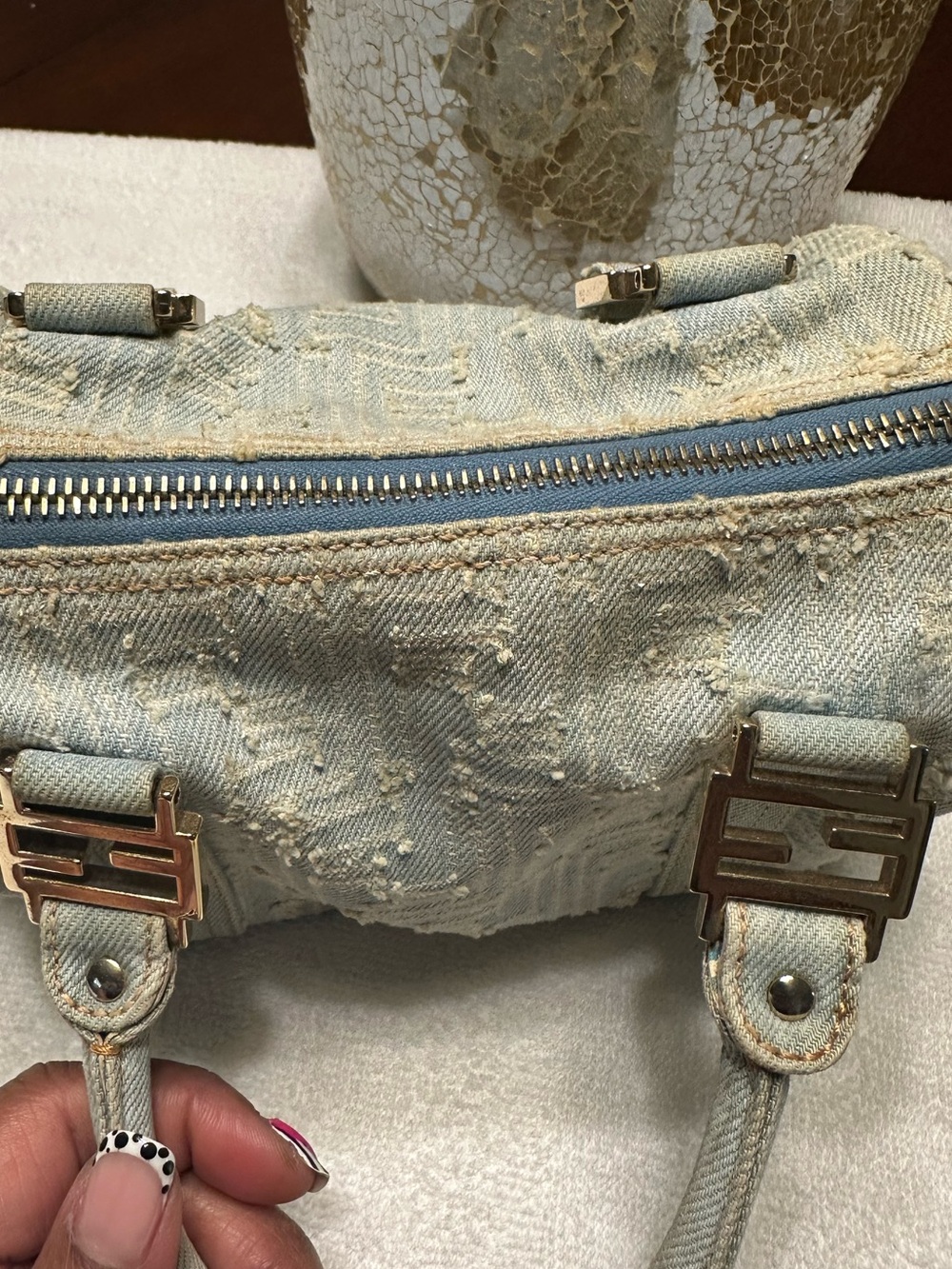 Fendi Vintage Denim Mini Boston Bag Distressed Zucca Y2K COA - Picture 5 of 16